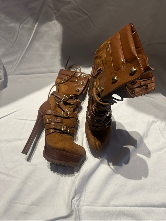 bebe Shoes - bebe Tan Brown Platform Lace-Up High-Heel Ankle Boots
